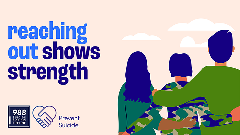 Three people in army fatigue looking at the sky. Reaching out shows strength. Prevent suicide.