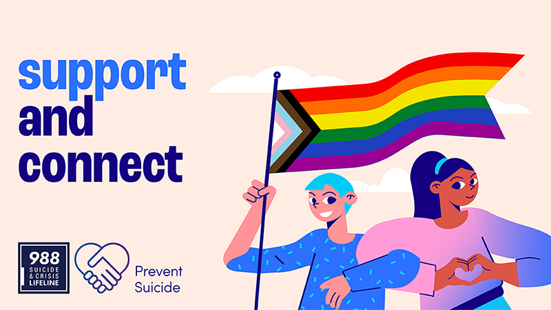 Two people waving a LGBTQIA+ flag. Support and connect. Prevent Suicide.