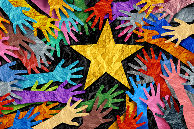 rainbow-colored hands reaching toward a star