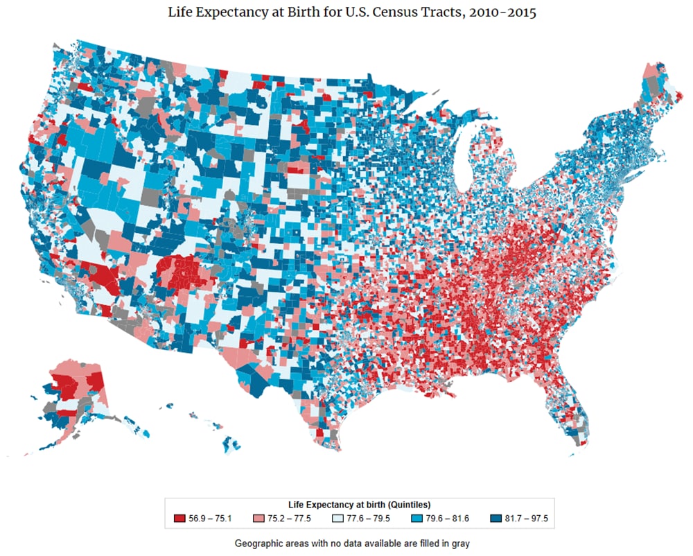 Map: Life Expectancy at Birth for US Census Tracts, 2010-2015