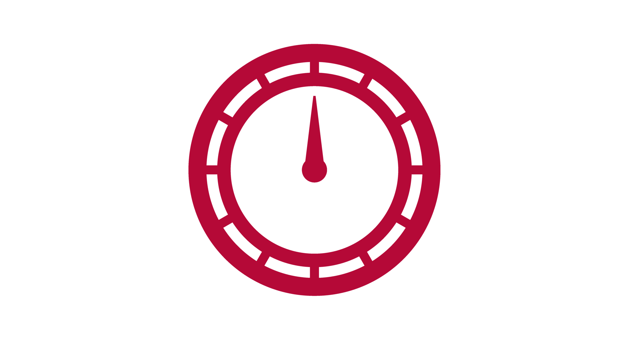 cartoon of red clock with no numbers no lines, both hands on 12 o'clock