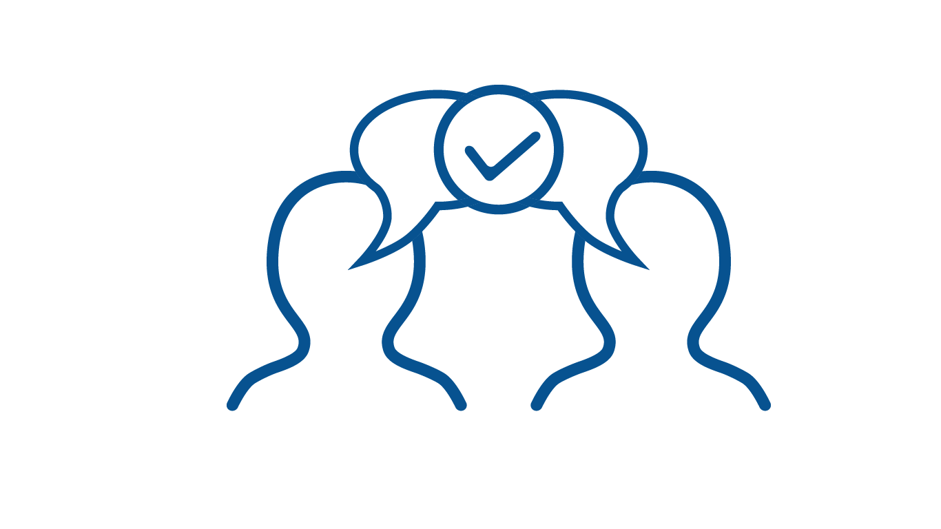 blue silhouette of two figures with two thinking clouds and a check mark