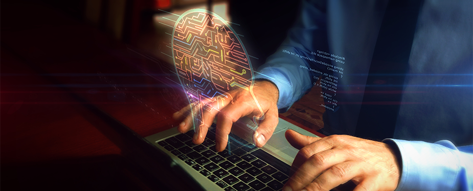 man typnig on keyboard with artificial intelligence hologram