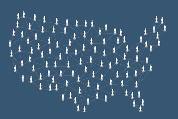 Icon of linked people by lines in the shape of a map of the U.S.