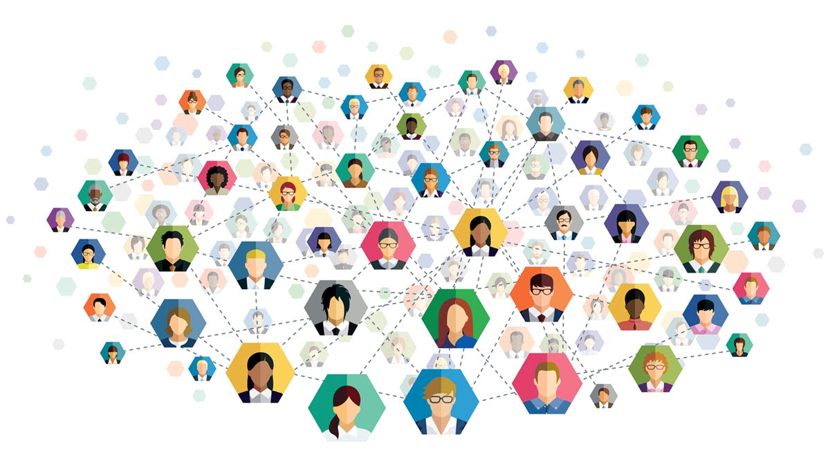 Illustration of network with people icons connected to each other with dotted lines.