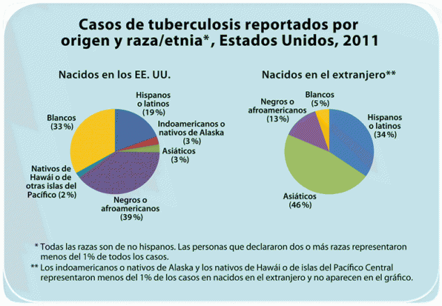 En el 2011, se reportaron 3,008 casos de tuberculosis en hispanos o latinos en los Estados Unidos, lo que correspondió al 29 % de todos los casos de personas con esa enfermedad a nivel nacional. 