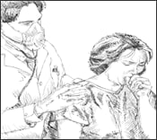 Dibujo de un m&eacute;dico con mascarilla tratando una paciente con la infecci&oacute;n de tuberculosis.