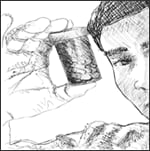 Dibujo de un hombre con un envase de medicamentos.