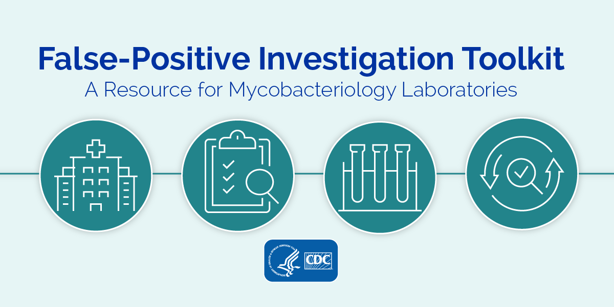 False-Positive Investigation Toolkit: A Resource for Mycobacteriology Laboratories is written in blue over teal icons of a hospital, checklist, test tubes, and investigation cycle.