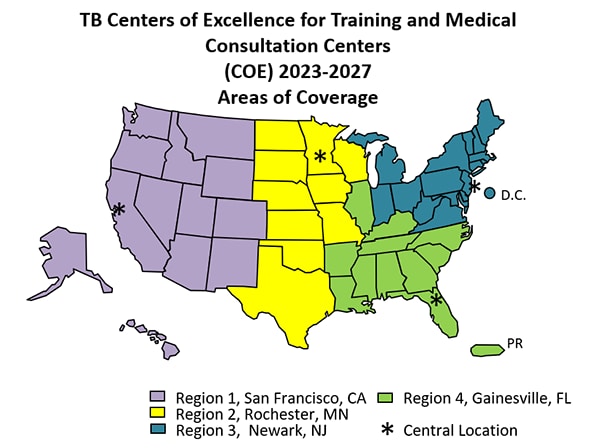 United States map with areas of coverage for the TB Centers of Excellence for Training, Education, and Medical Consultation (TB COE).