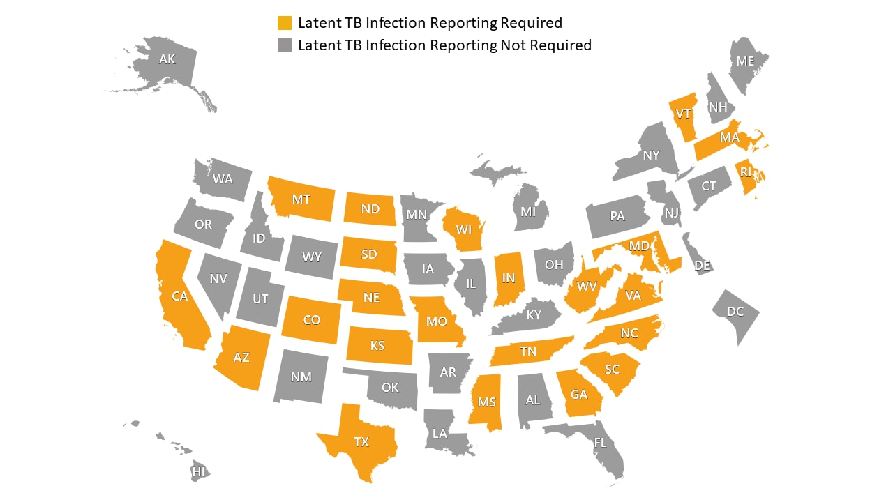 Map of latent TB infection reporting requirements in United States.