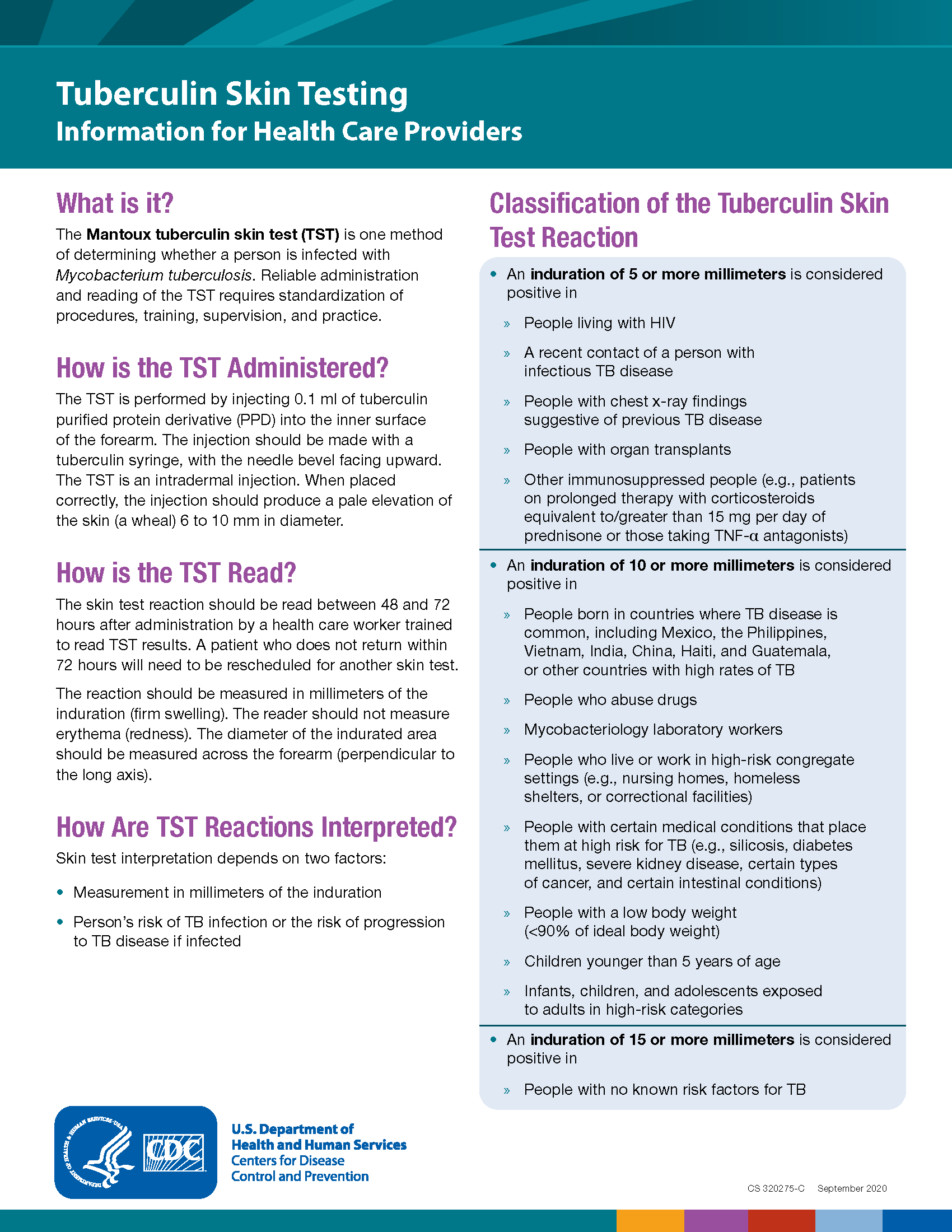 Tuberculin Skin Testing Information for Health Care Provider fact sheet