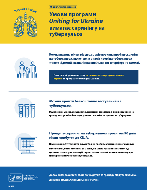 Листівка під назвою: Програма Uniting for Ukraine передбачає необхідність проходження скринінгу на туберкульоз. Зміст українською та англійською мовами.