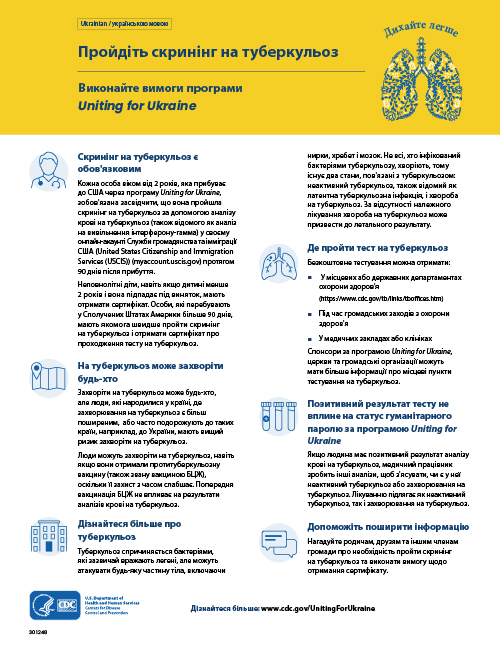 Інформаційний листок під назвою: Пройдіть скринінг на туберкульоз. Виконайте вимоги програми Uniting for Ukraine. Зміст українською та англійською мовами.