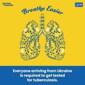 Illustration of lungs in Ukrainian folk art style. Content reads:  Breathe Easier. Everyone arriving from Ukraine is required to get tested for tuberculosis.