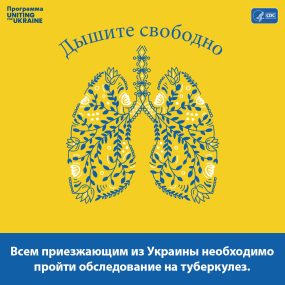 Иллюстрация легких в стиле украинского народного творчества. Содержание следующее:  Дышите свободно. Всем приезжающим из Украины необходимо пройти обследование на туберкулез.