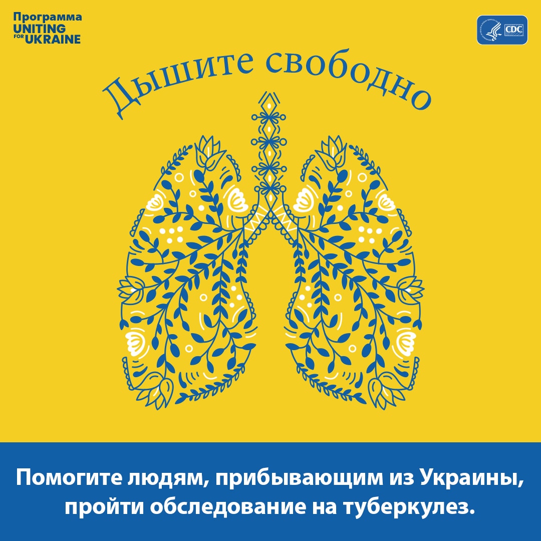 Иллюстрация легких в стиле украинского народного творчества. Содержание следующее:  Дышите свободно. Помогите людям, прибывающим из Украины, пройти обследование на туберкулез.