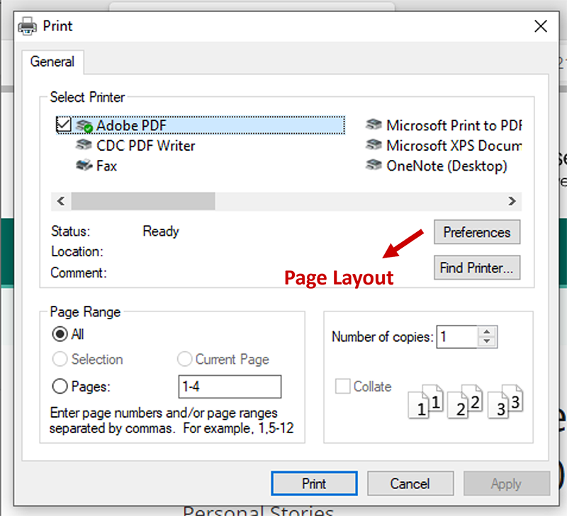Screen image showing additional printer Page Layout options