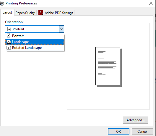 Screen image showing printer layout options for portrait and landscape modes