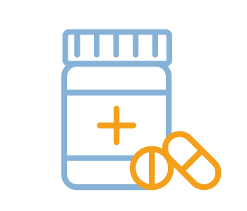 A pill bottle is outlined in orange with two orange pills next to the bottle