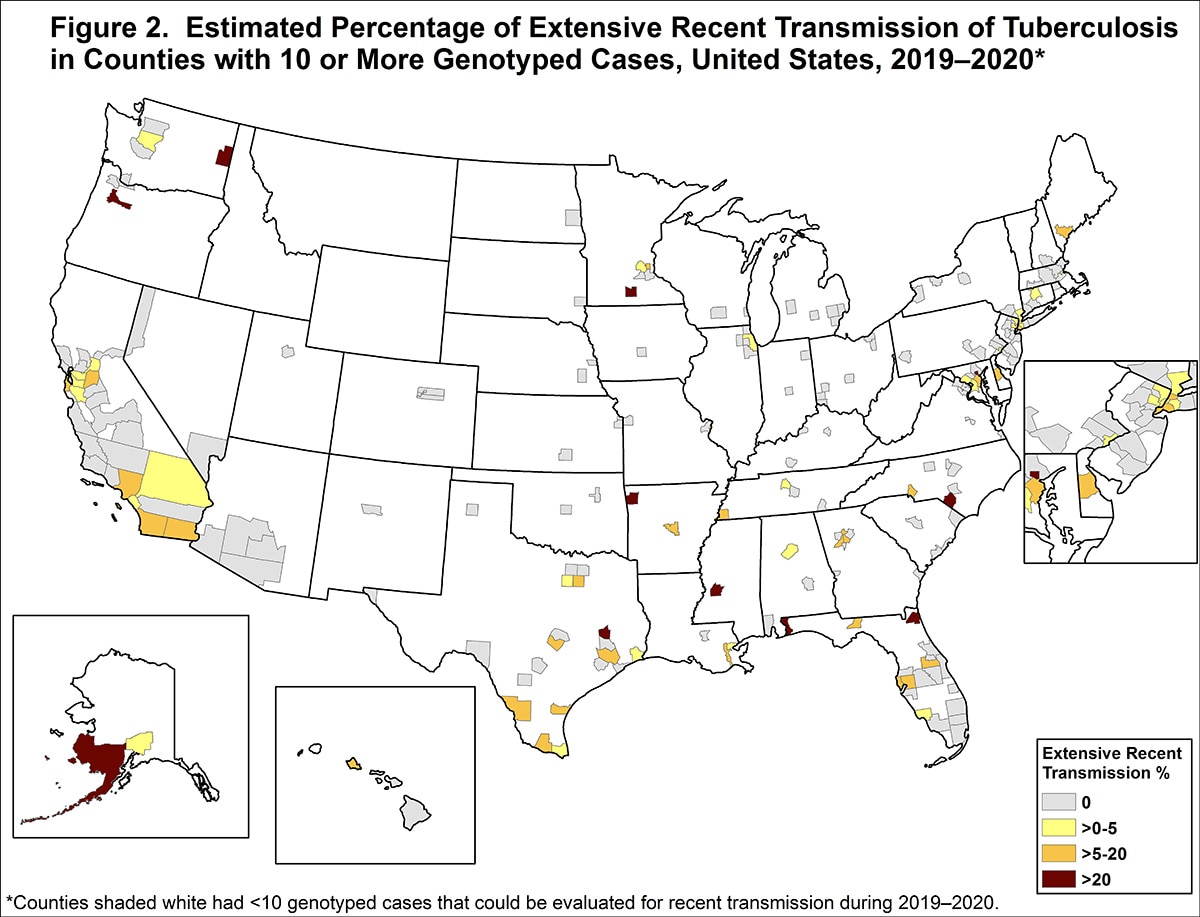 Estimated percentage or extensive recent transmission of Tuberculosis in counties with 10 or more genotyped cases, United States, 2019-2020