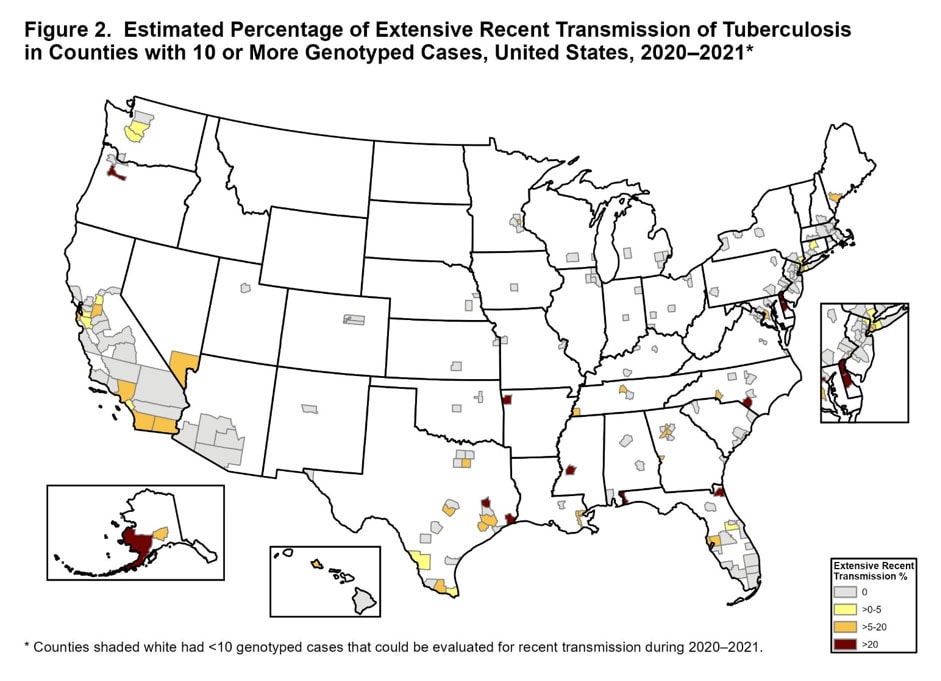Figure 2. Estimated Percentage of Extensive Recent Transmission of Tuberculosis in Counties with 10 or More Genotyped Cases, United States, 2020-2021