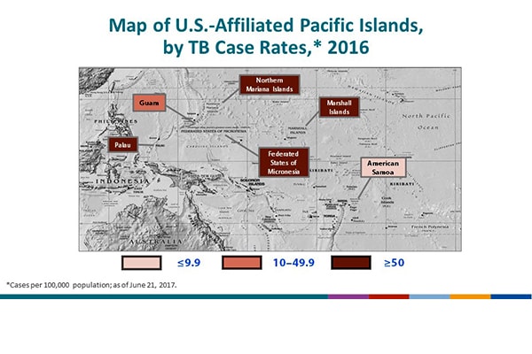 Map of the U.S.-Affiliated Pacific Islands, by TB Case Rates, 2016. The Federated States of Micronesia, Republic of the Marshall Islands, Northern Mariana Islands and Palau had case rates at or above 50/100,000 population. The lowest case rates were in Guam and American Samoa.