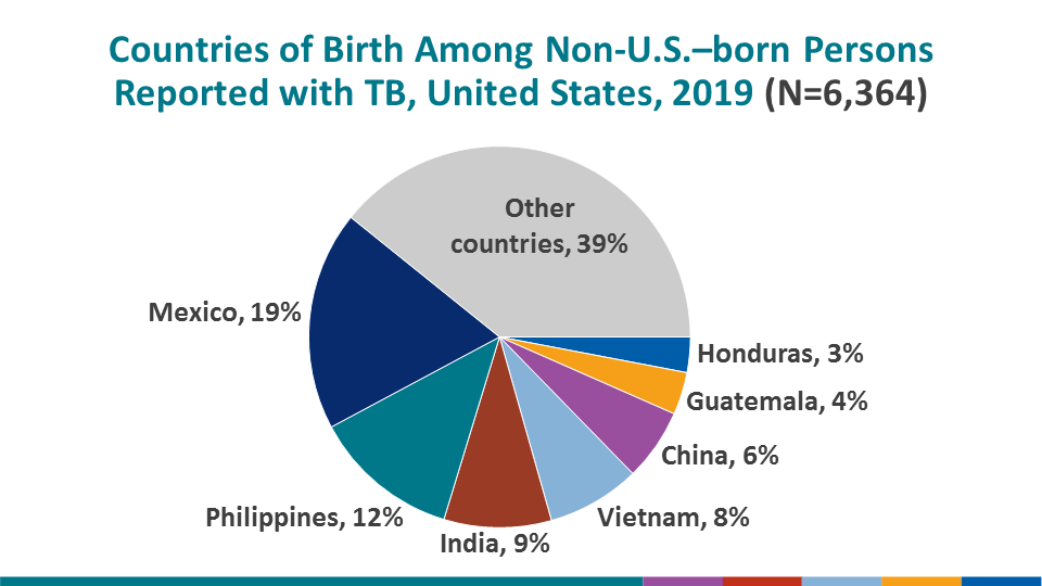 The most common countries of birth among non-U.S.–born TB patients remained similar to previous years, with Mexico (18.6%) the most frequently reported country of birth, followed by the Philippines (12.5%), India (9.1%), Vietnam (7.9%), and China (6.1%). Note: this slide is a duplicate of the previous slide to provide an alternative visual display of the same data.