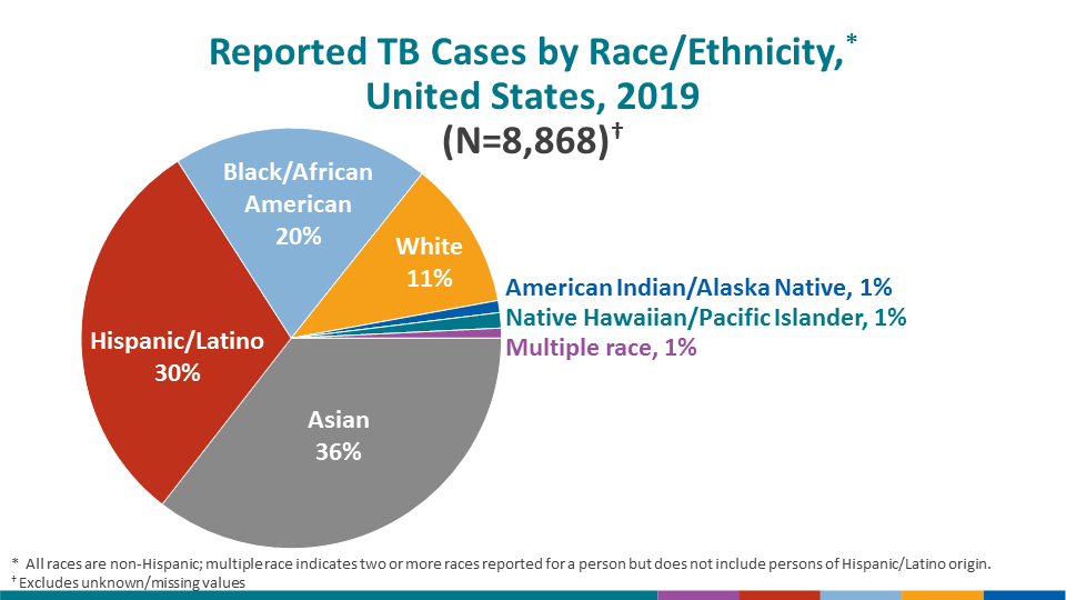 In 2019, non-Hispanic Asian persons continue to represent the largest proportion of TB patients (35.3%), followed by Hispanic persons (30.2%), non-Hispanic Black persons (19.7%), non-Hispanic White persons (11.4%), Native Hawaiian/Other Pacific Islander persons (1.2%), American Indian/Alaska Native persons (0.9%), and persons of multiple races (0.8%).