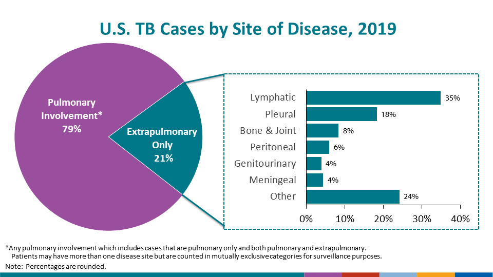 A vast majority of U.S. TB cases had pulmonary involvement (79.4%). Among the 20.6% of U.S. TB cases with only extrapulmonary involvement, TB of the lymphatic system remained most common (34.9%), followed by TB of the pleura (18.3%) and TB of bones and joints (8.4%). TB meningitis, a particularly serious form of the disease, continued to decrease, with 4.4% of extrapulmonary cases involving the meninges. “Other” includes all other extrapulmonary sites of disease, e.g., ocular, hepatic.