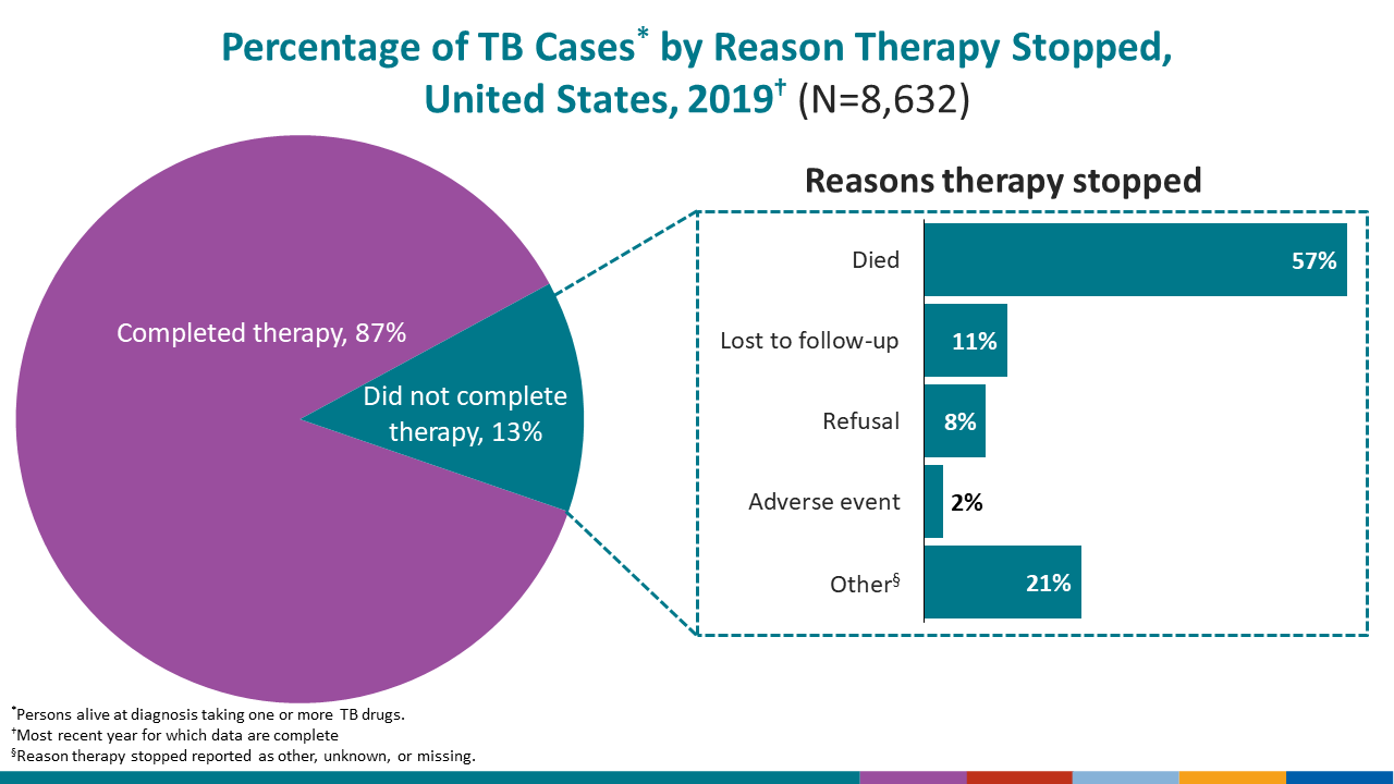 Successful therapy completion for people with TB disease is a major performance indicator for TB programs.