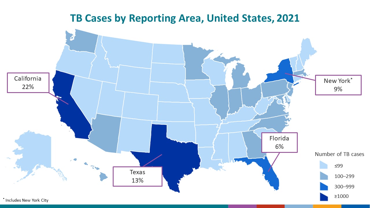 Majority of TB Cases Occur in Four States, United States, 2020
