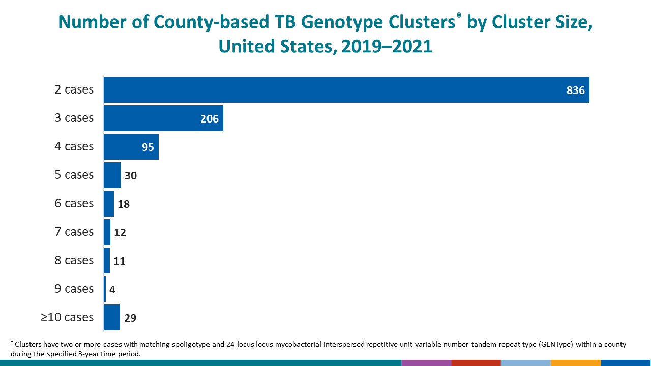 Number of County-based TB Genotype Clusters* by Cluster Size, United States, 2019–2021