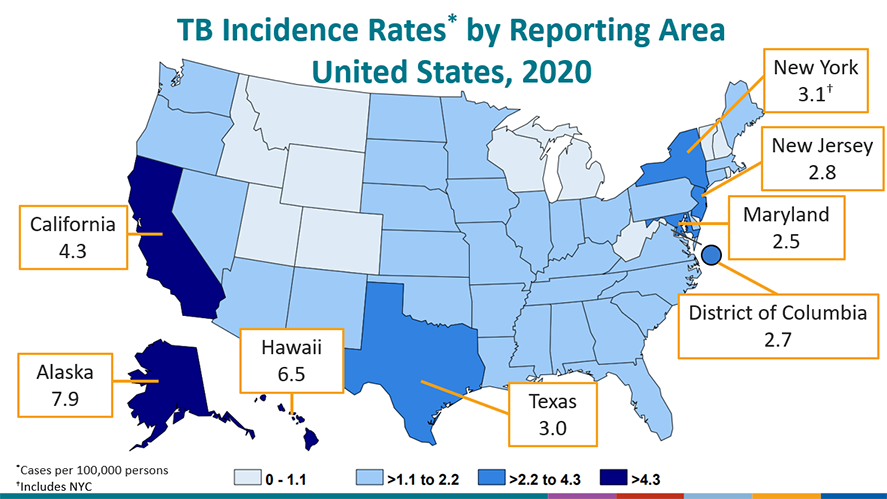 TB incidence rates by reporting area, United States, 2020