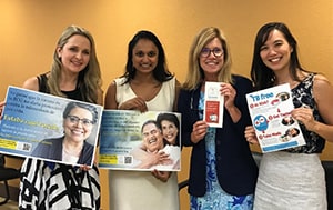 From left to right: Mallory Schmitt, Clinicas de Salud del Pueblo (CSP), Imperial County, California; Neha Shah, Project Director, TB Free California, California Department of Public Health; Marti Brentnall, TB Prevention Coordinator, San Diego County Health and Human Services;Tessa Mochizuki, Prevention Epidemiologist, TB Free California  Photo Caption: TB partners and products made for Clinicas de Salud del Pueblo (CSP), Imperial County.