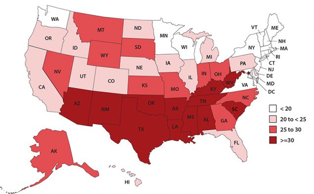 United States map with state teen birth rates (births per 1,000 females ages 15-19) by quartile.