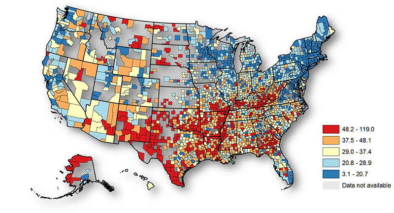United States map of counties depicting teen birth rates per county by quintile.  Rate quintiles (births per 1,000 females ages 15-19): Fifth: 48.2 – 119.0 Fourth: 37.5 – 48.1 Third: 29.0 – 37.4 Second: 20.8 – 28.9 First: 3.1 – 20.7  Across counties, teen birth rates vary greatly. By region:  The majority of counties in the Northeast are counties with the lowest rate quintile.  The Southeast and the Southwest contains a mix of counties with different quintiles, however, there are more large clusters of the highest birth rate quintile counties in these regions than in other regions.  There are a mix of county quintiles in the middle United States. There are intermittent counties with the highest rate quintiles.  Many counties have such a small population that data were not available for these counties.    States bordering the Great Lakes have many counties with lower birth rate quintiles.  The Northwestern states generally consist of a mix of all quintiles, with most being in the lower quintiles. Alaskan counties with data available have the highest birth rate quintiles and Hawaiian counties have mid-range quintiles.  