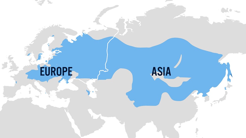 Map of Europe, Asia, and Africa with areas at risk for TBE in blue