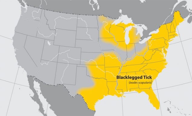 Approximate distribution of the Blacklegged tick in the United States of America