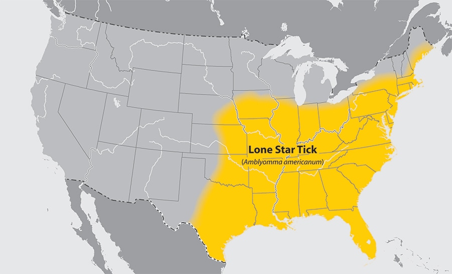 Map of the United States showing the approximate distribution of the Lone Star tick.  The area affected is the eatern half of the country.