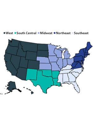 Map of the United States showing Emergency department tick bites by region