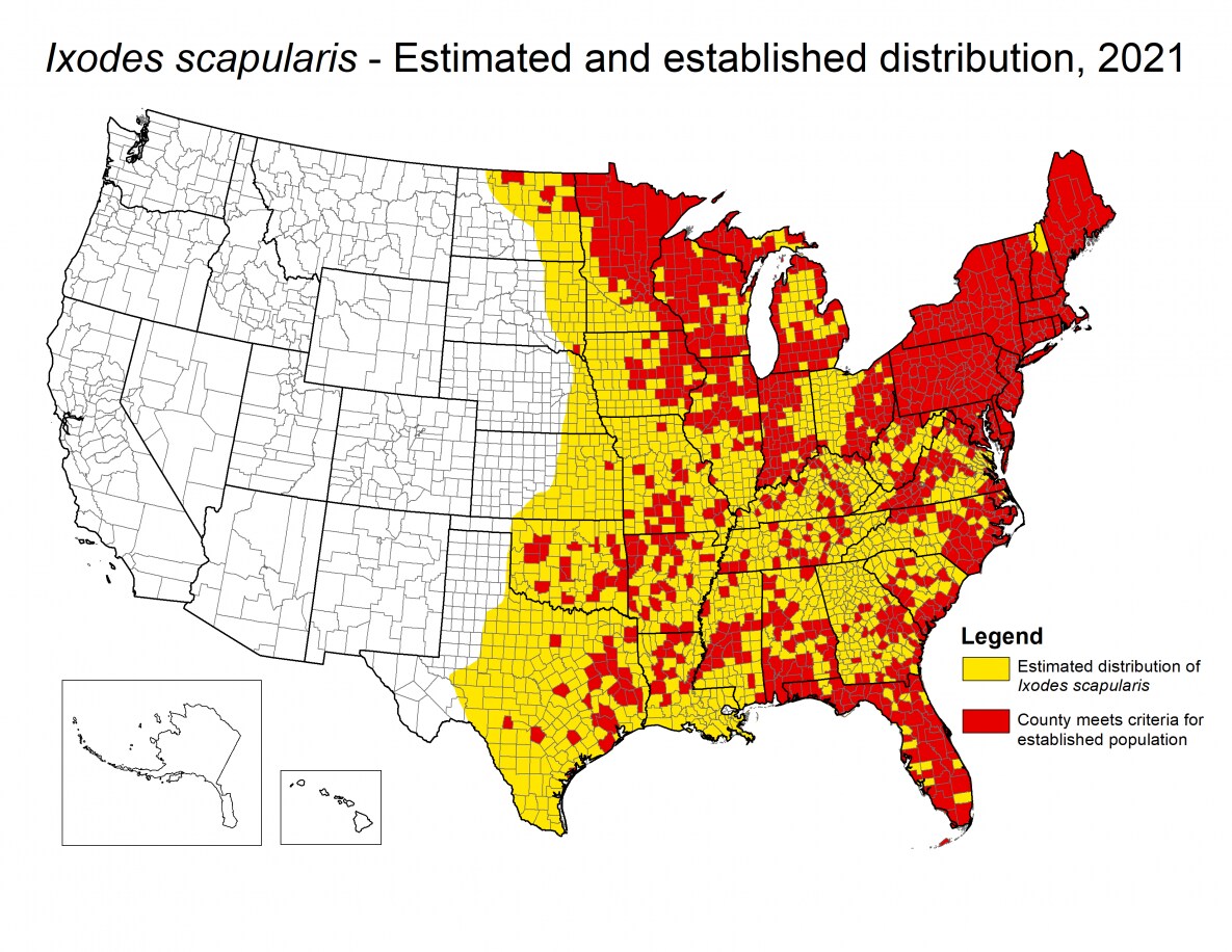 Map of U.S. showing distribution areas where the blacklegged tick could survive and reproduce for 2020. See spreadsheet below for data.