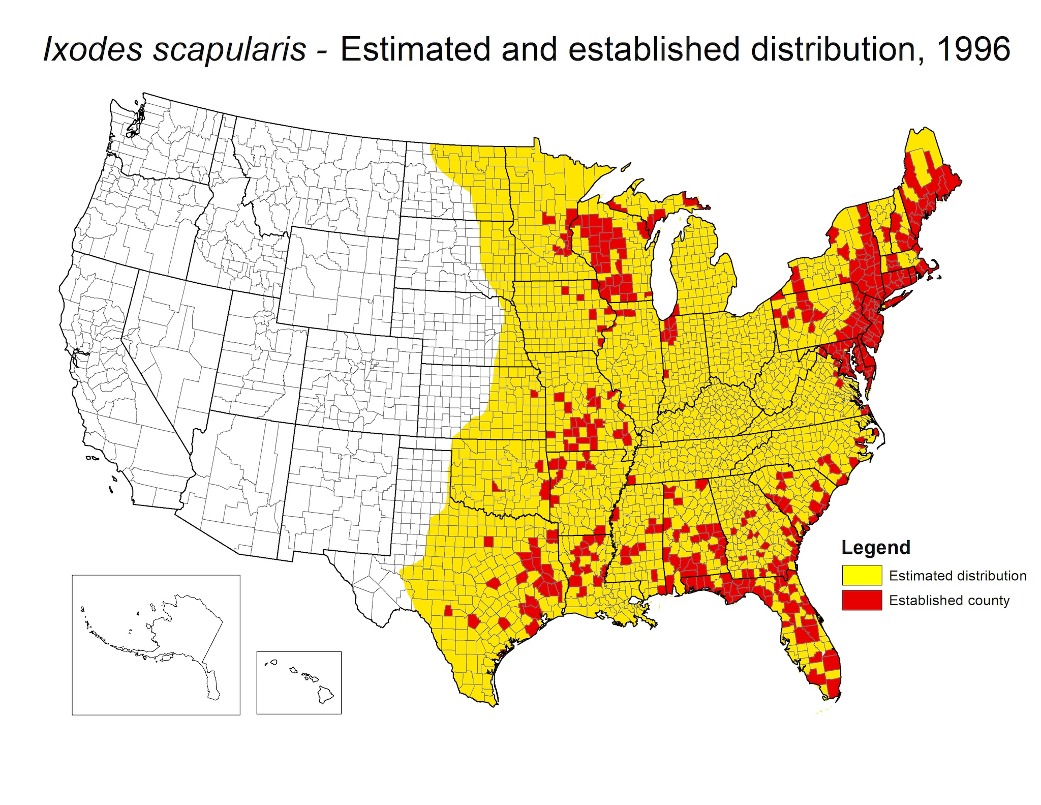 Map of U.S. showing distribution areas where the blacklegged tick could survive and reproduce for 1996. See spreadsheet below for data.