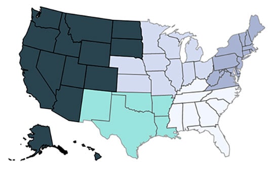 Map of the US showing ED Visits for tick bites by region