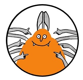 Illustration of an orange cartoon tick, pointing at himself.