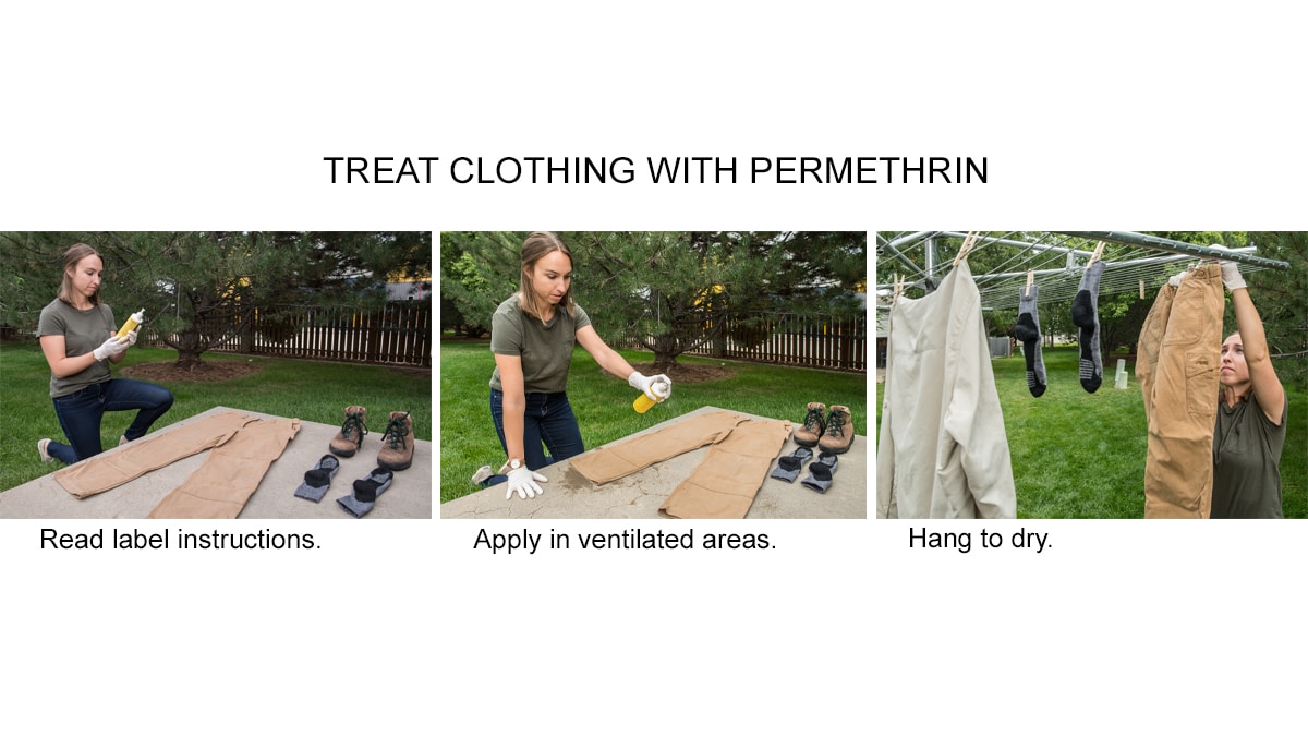 Series of three images showing a woman treating her clothes with permethrin.