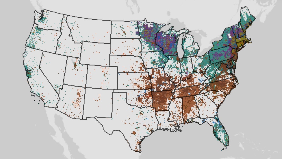 Map of the U.S. with dots in different colors showing reported cases of select tickborne diseases