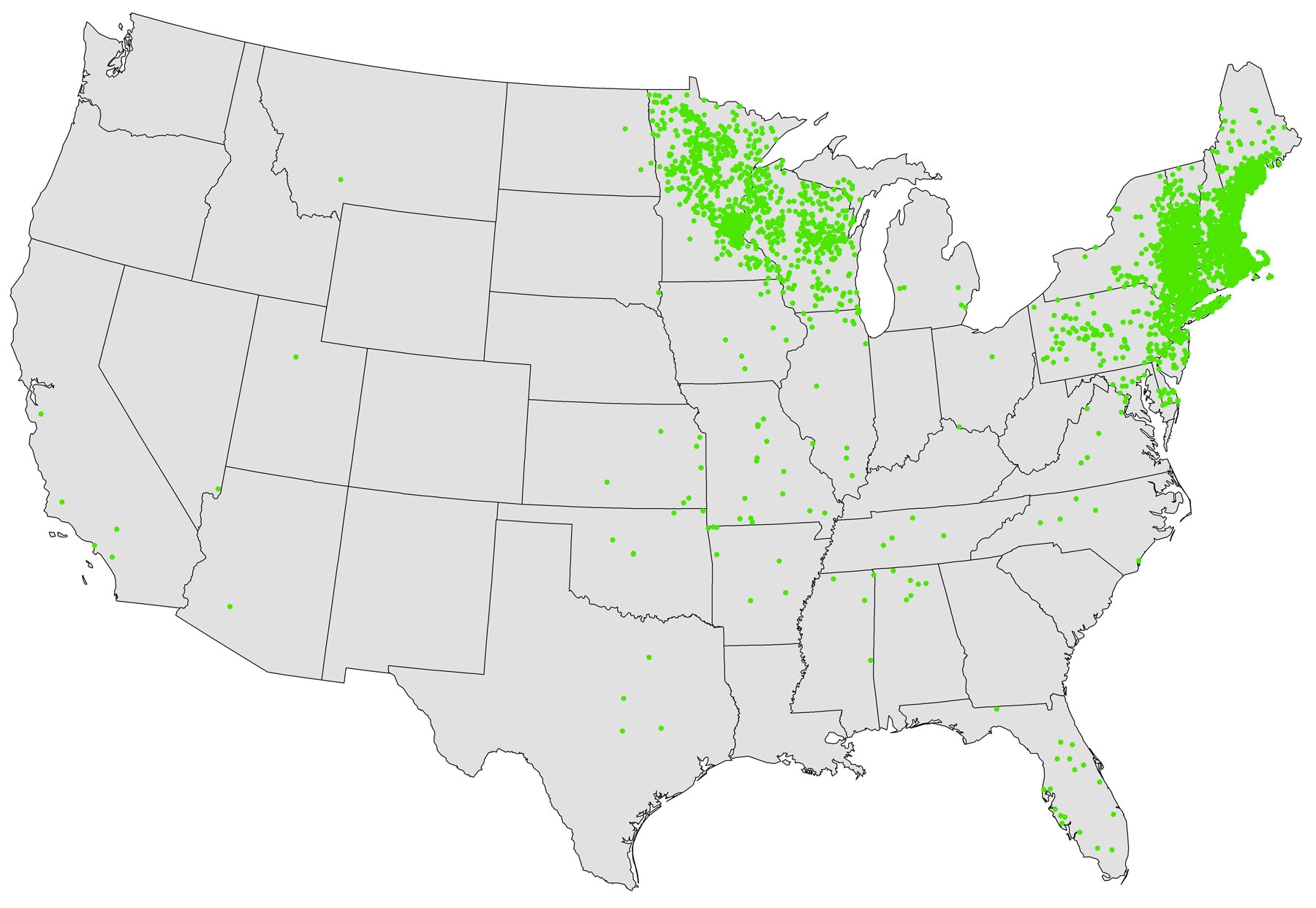 US map showing where cases of Anaplasmosis have been reported. Cases are concentrated in the Northeastern corner of the U.S.