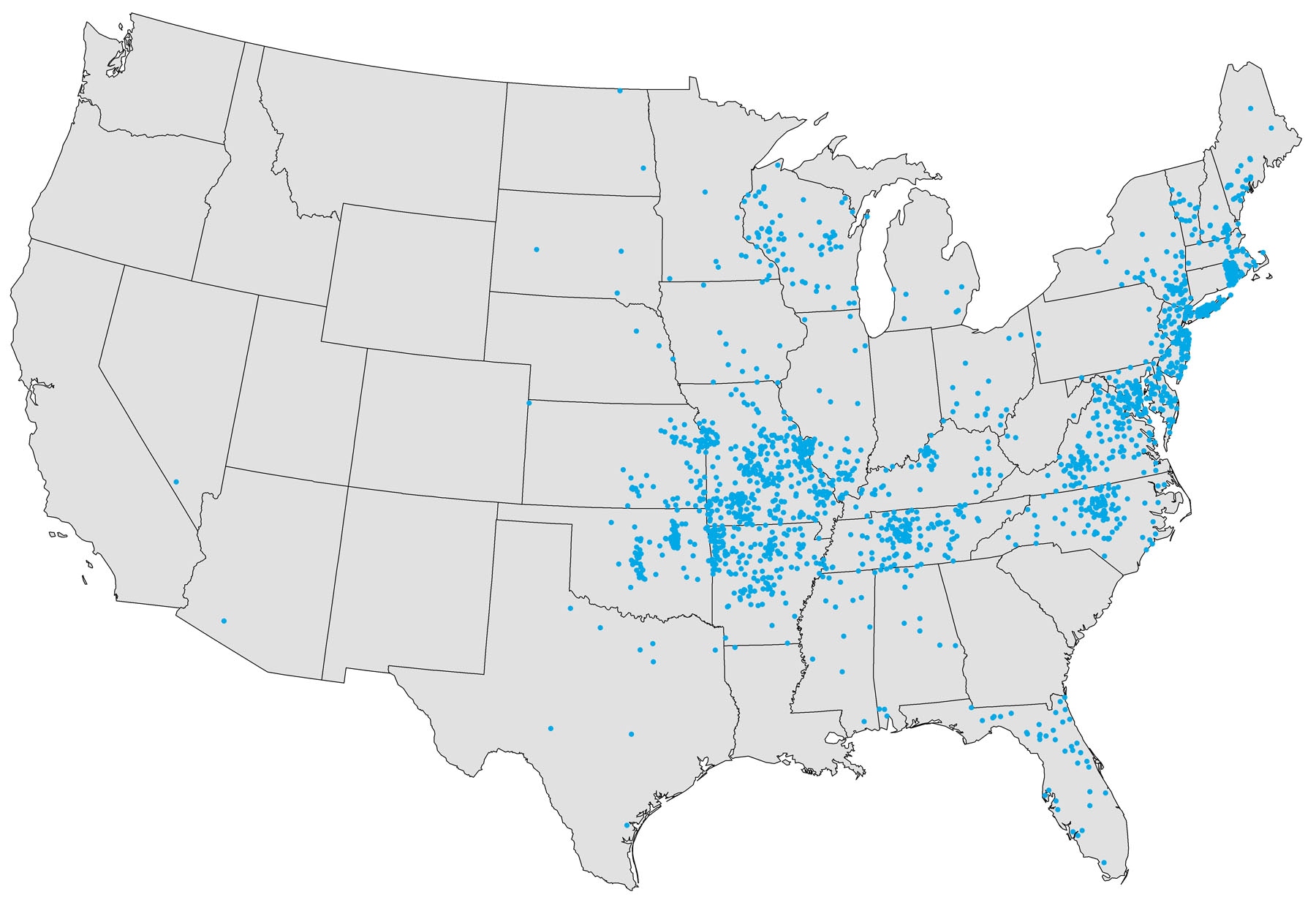 US map showing where cases of Ehrlichiosis have been reported. Cases are concentrated in the Eastern half of the U.S.