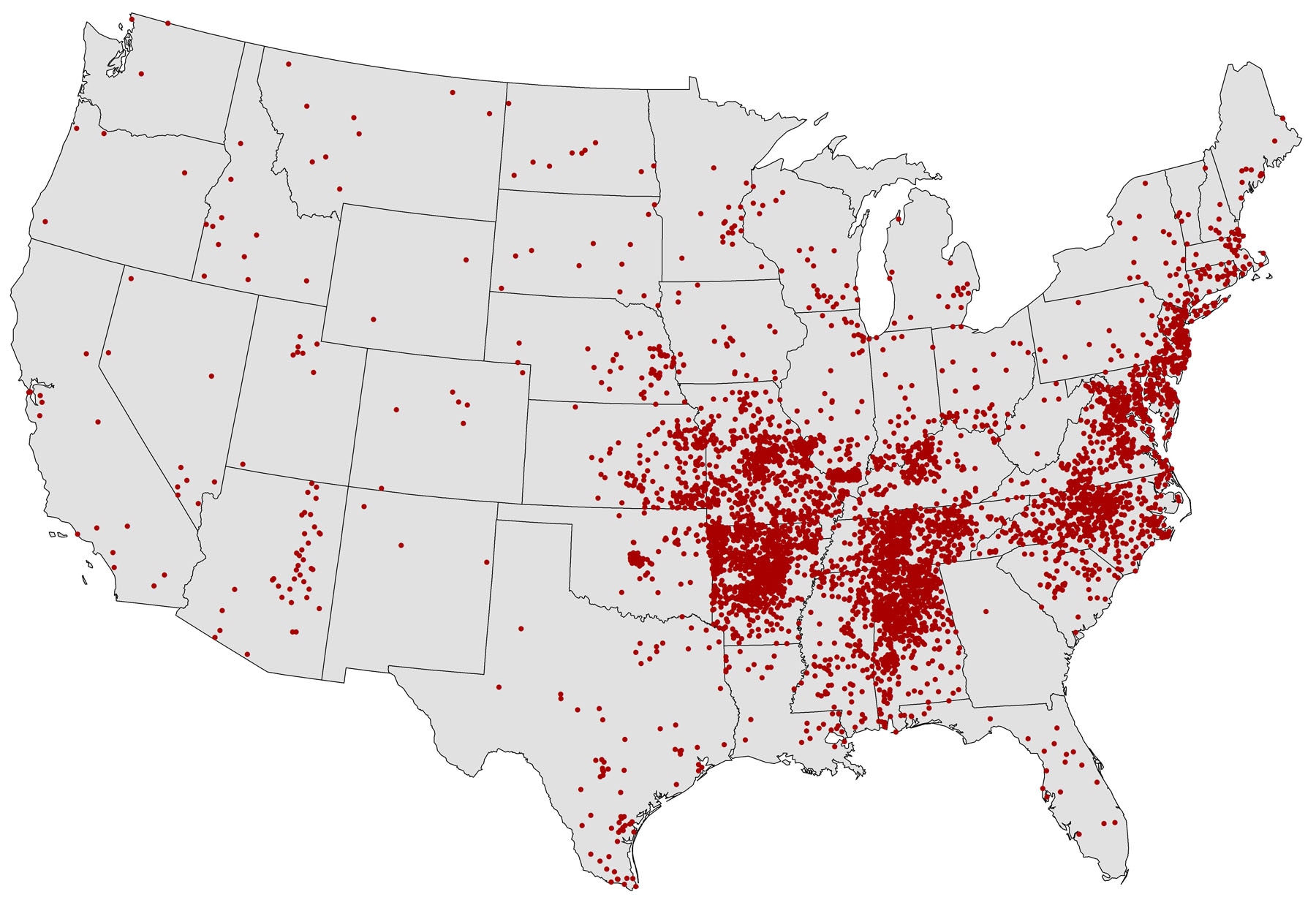 US map showing where Spotted Fever Rickettsiosis cases have been reported. Cases concentrated in the Eastern half of the US